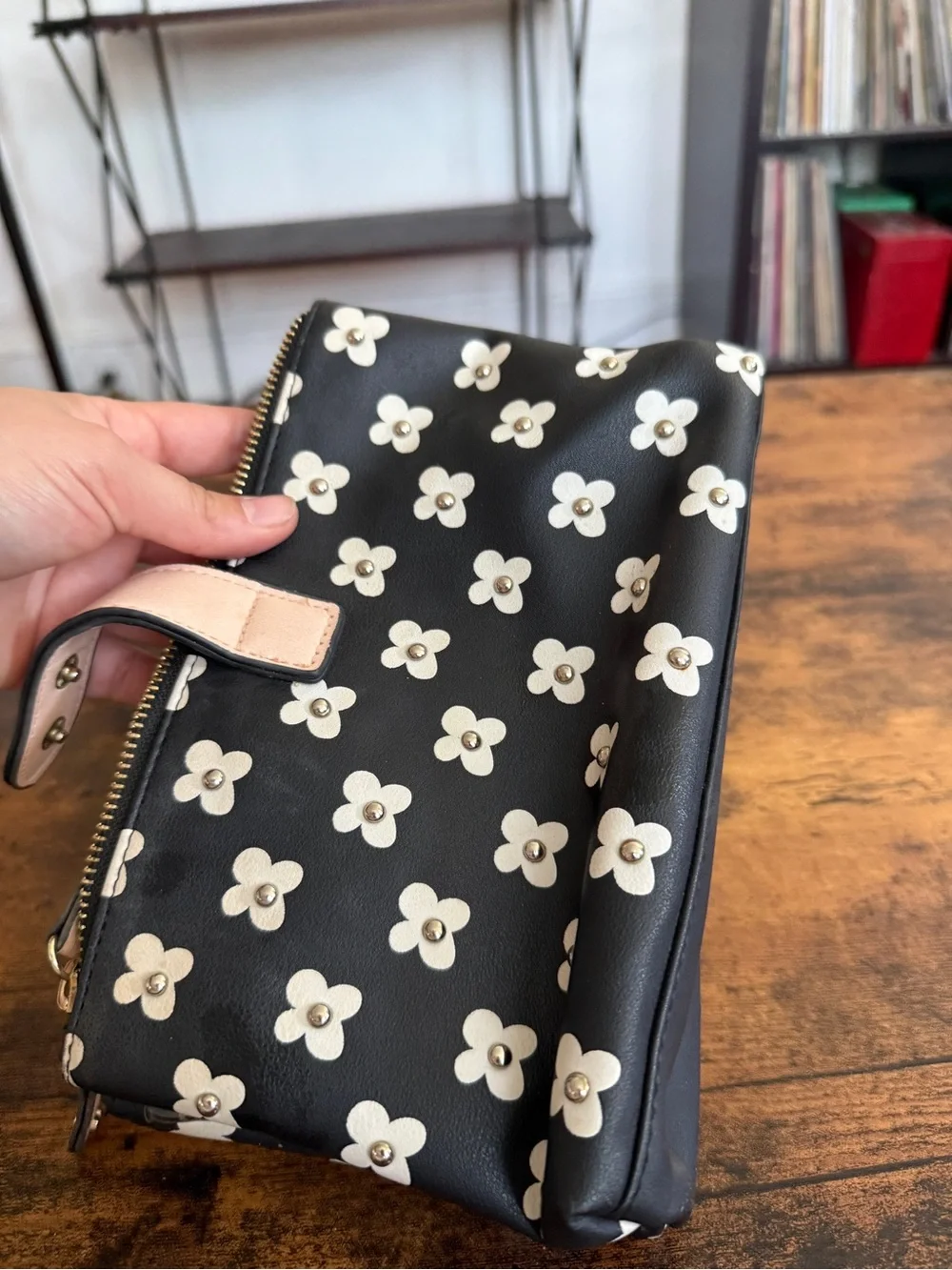 Kensie Black and Cream Floral Zip Wristlet with Tan Snap Strap
